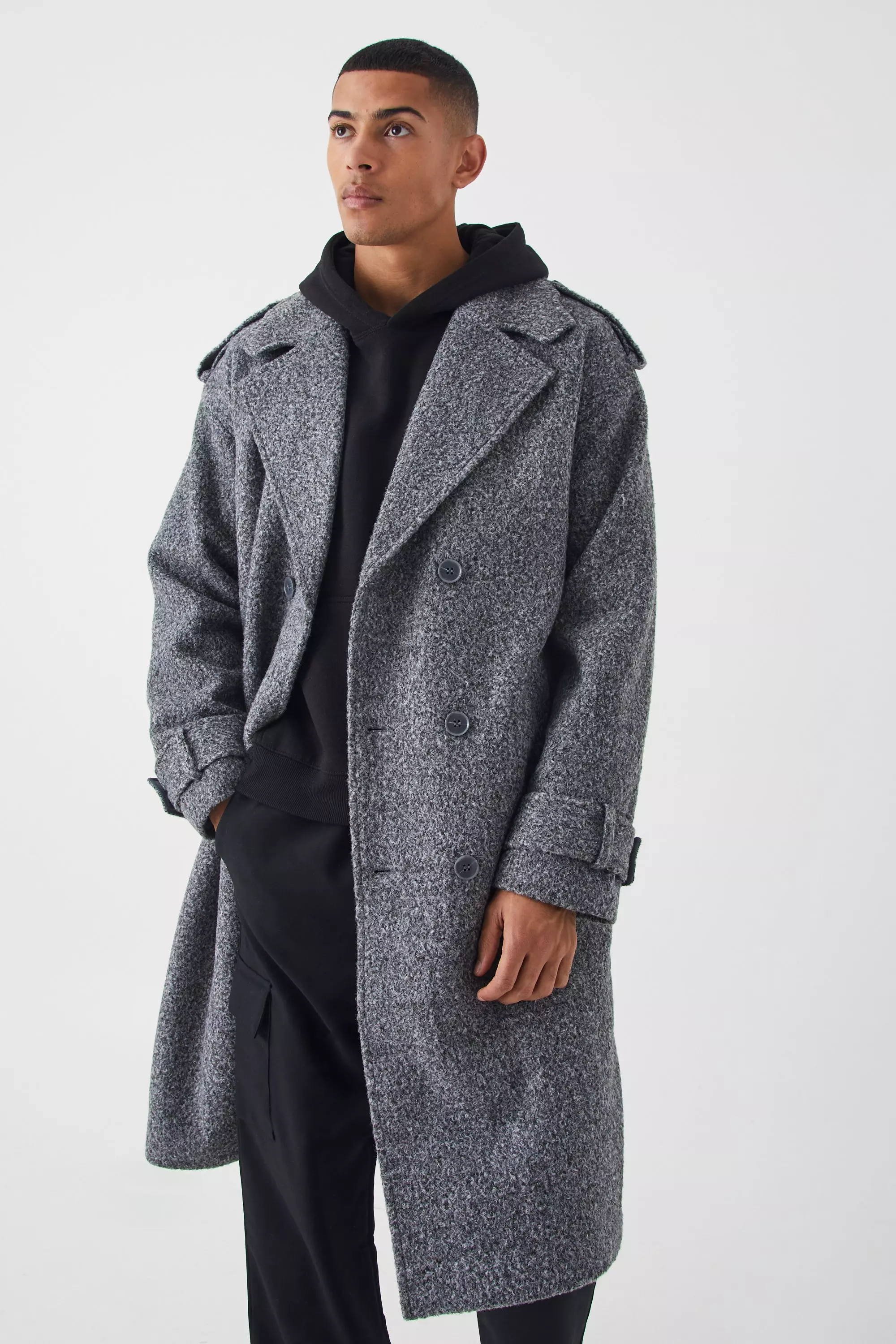 Double Breasted Salt Pepper Overcoat boohooMAN USA